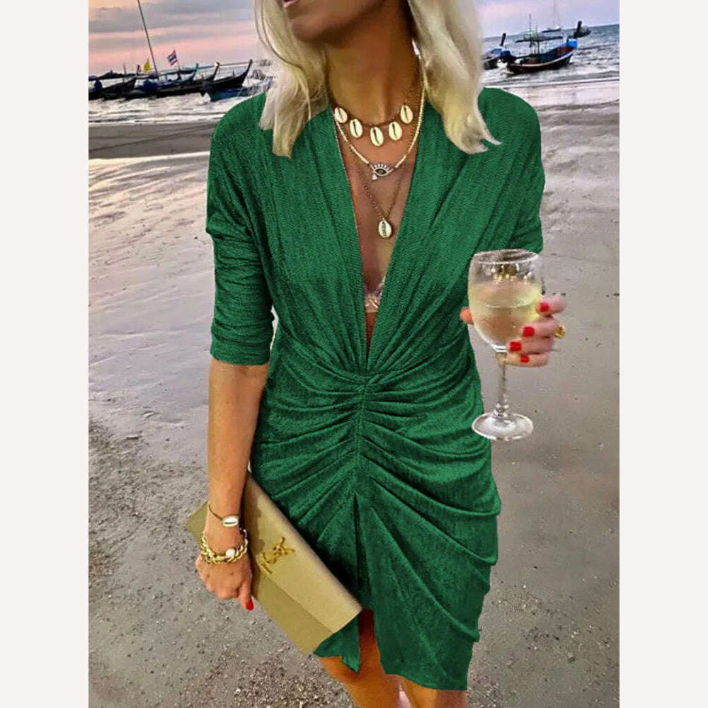 2022 Sexy Deep V Neck Draped Silk Party Dress Women New Elegant Slim Slit Mini Dress Spring Autumn Casual Solid Bodycon Dresses - KIMLUD