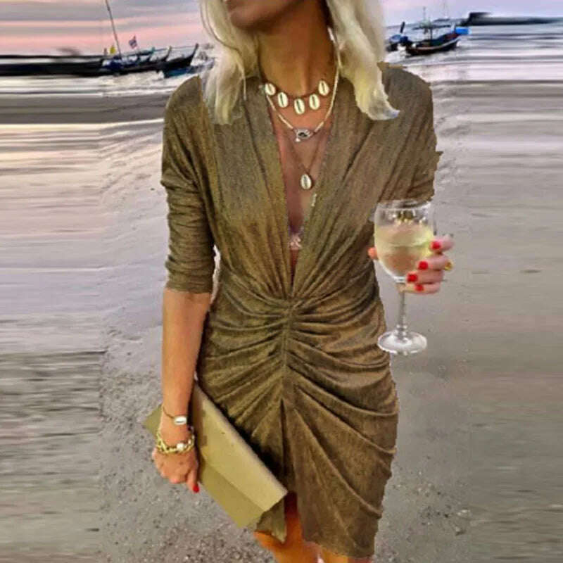 2022 Sexy Deep V Neck Draped Silk Party Dress Women New Elegant Slim Slit Mini Dress Spring Autumn Casual Solid Bodycon Dresses - KIMLUD
