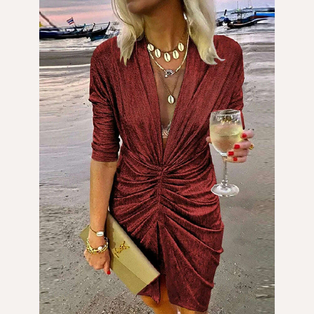 2022 Sexy Deep V Neck Draped Silk Party Dress Women New Elegant Slim Slit Mini Dress Spring Autumn Casual Solid Bodycon Dresses - KIMLUD