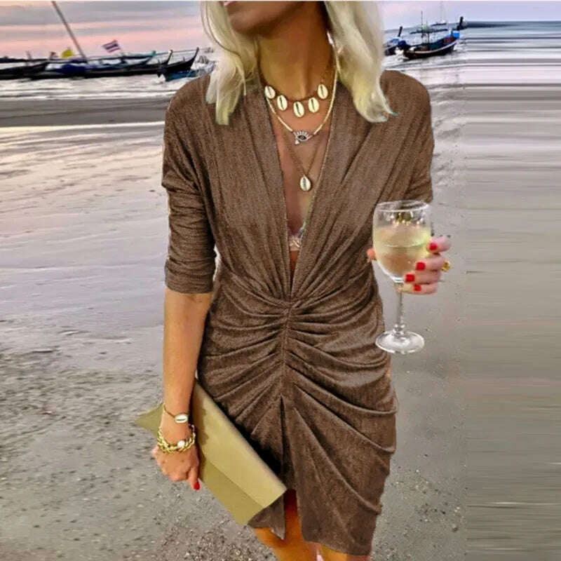 2022 Sexy Deep V Neck Draped Silk Party Dress Women New Elegant Slim Slit Mini Dress Spring Autumn Casual Solid Bodycon Dresses - KIMLUD
