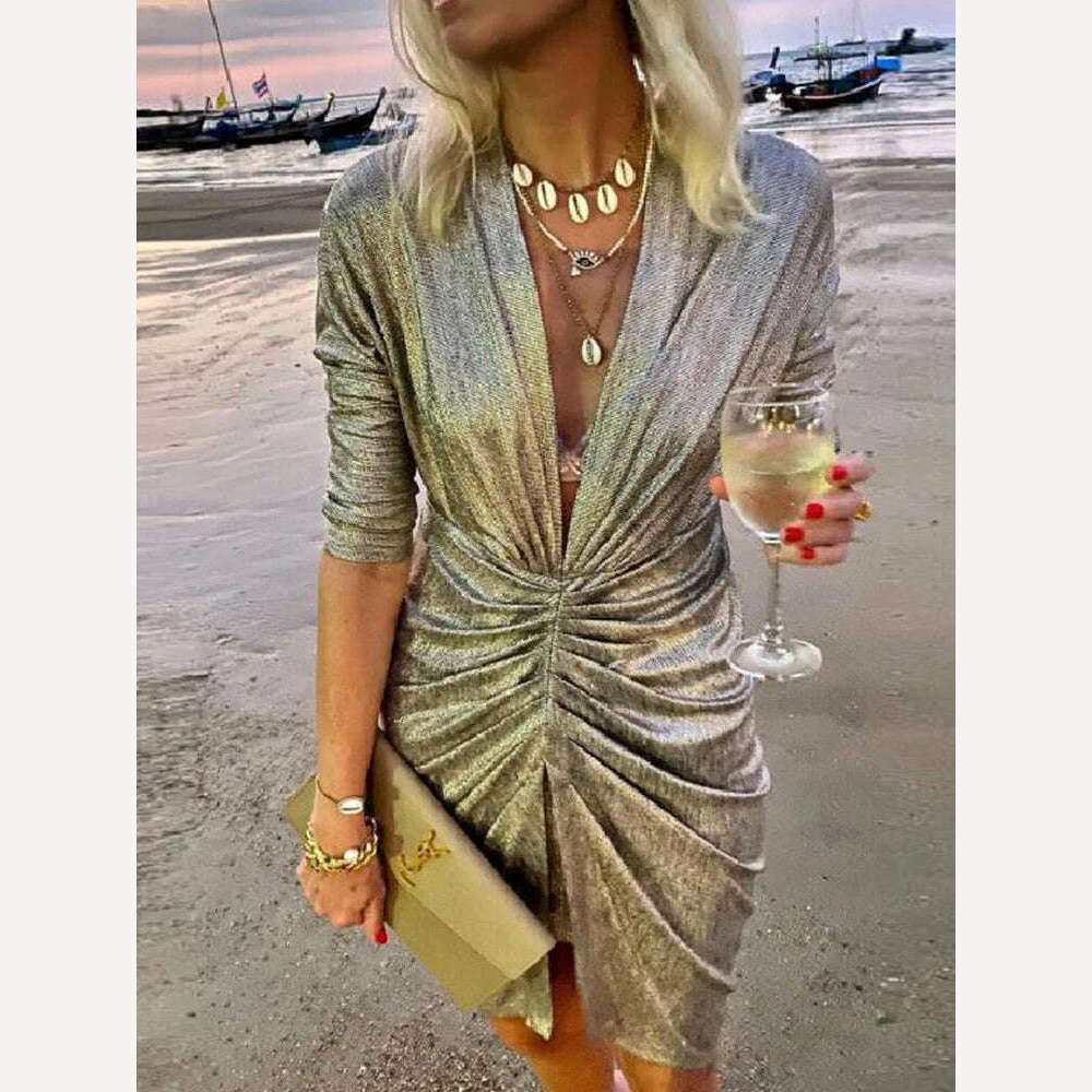 KIMLUD, 2022 Sexy Deep V Neck Draped Silk Party Dress Women New Elegant Slim Slit Mini Dress Spring Autumn Casual Solid Bodycon Dresses, 01 Gold / S, KIMLUD Womens Clothes