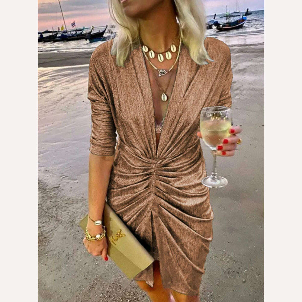 2022 Sexy Deep V Neck Draped Silk Party Dress Women New Elegant Slim Slit Mini Dress Spring Autumn Casual Solid Bodycon Dresses - KIMLUD
