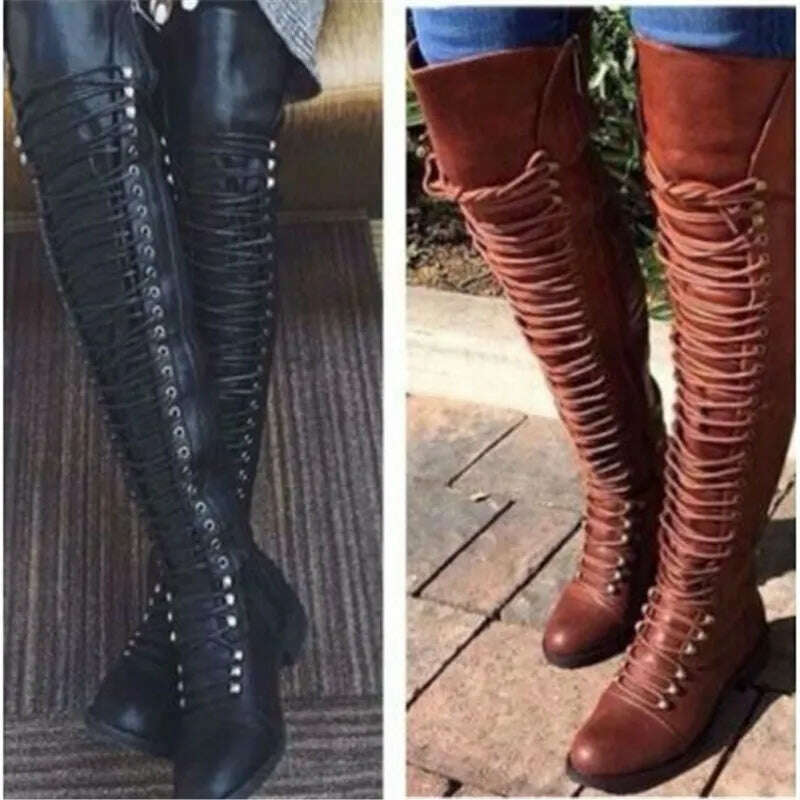 2022 Sexy Over The Knee Boots Women Fashion Cross Lace-Up Shoes Winter Warm Knight Thigh Tall Boots Ladies Over The Knee Botas, KIMLUD Women's Clothes