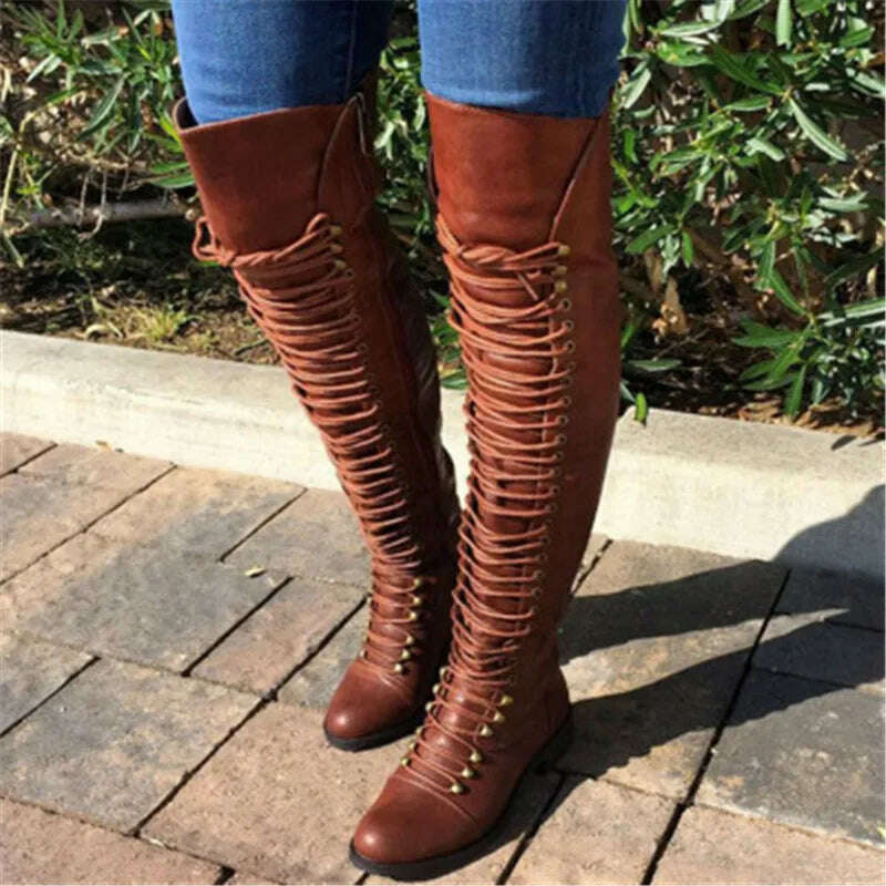 2022 Sexy Over The Knee Boots Women Fashion Cross Lace-Up Shoes Winter Warm Knight Thigh Tall Boots Ladies Over The Knee Botas, Brown / 35, KIMLUD Women's Clothes