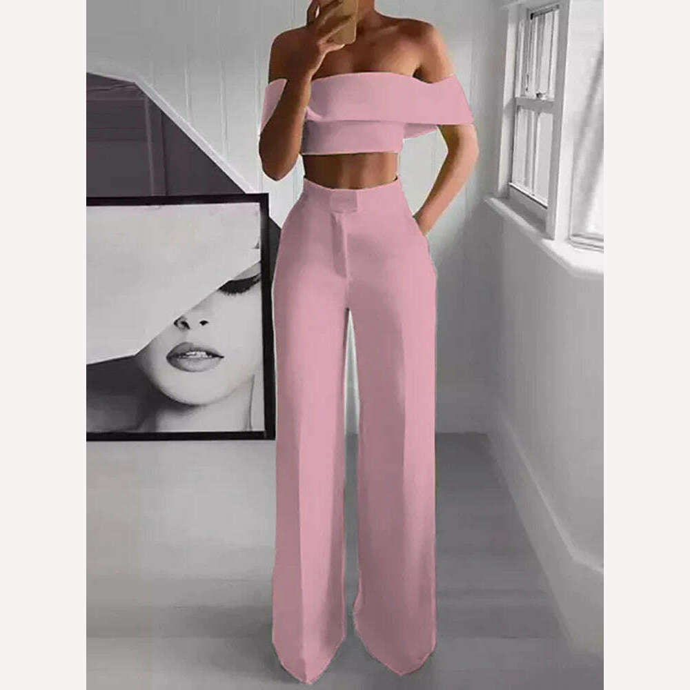 KIMLUD, 2022 Summer Solid Casual Two Piece Set Women Sexy Short Top Wide Leg Pants Outfits Femme Streetwear Slash Neck Shirt Pant Suit, Pink / S, KIMLUD Womens Clothes