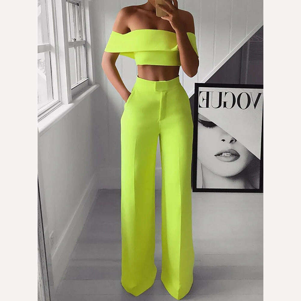 KIMLUD, 2022 Summer Solid Casual Two Piece Set Women Sexy Short Top Wide Leg Pants Outfits Femme Streetwear Slash Neck Shirt Pant Suit, Fluorescent green / S, KIMLUD Womens Clothes