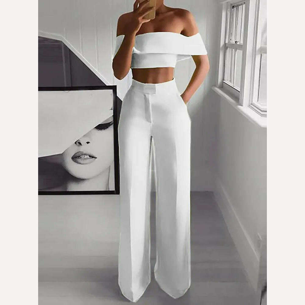 KIMLUD, 2022 Summer Solid Casual Two Piece Set Women Sexy Short Top Wide Leg Pants Outfits Femme Streetwear Slash Neck Shirt Pant Suit, White / S, KIMLUD Womens Clothes