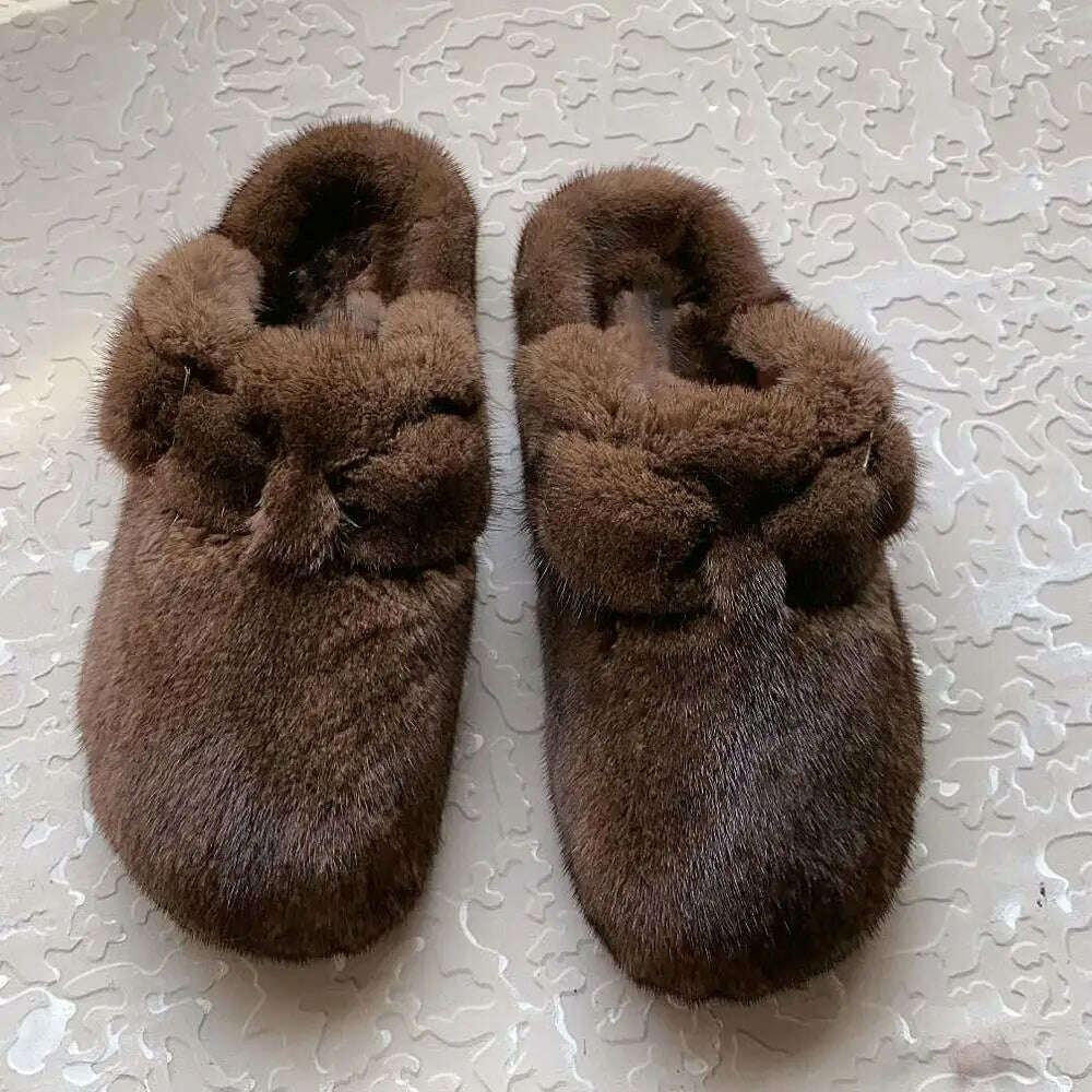2022 The New Ladies Fur Slippers 100% Mink Fur Slippers Autumn And Winter Furry Flat Slippers Indoor Slippers Muller Slippers - KIMLUD
