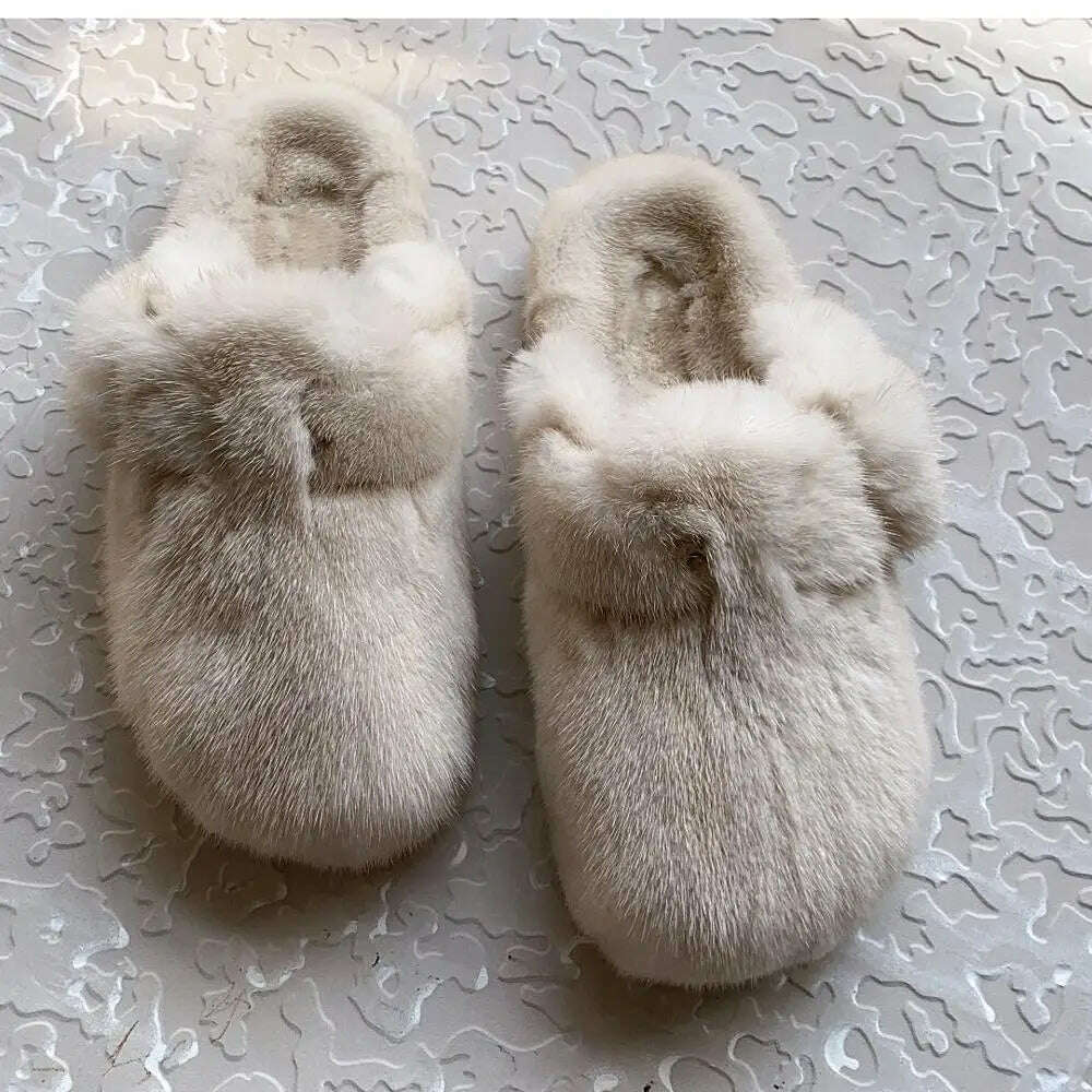 2022 The New Ladies Fur Slippers 100% Mink Fur Slippers Autumn And Winter Furry Flat Slippers Indoor Slippers Muller Slippers - KIMLUD