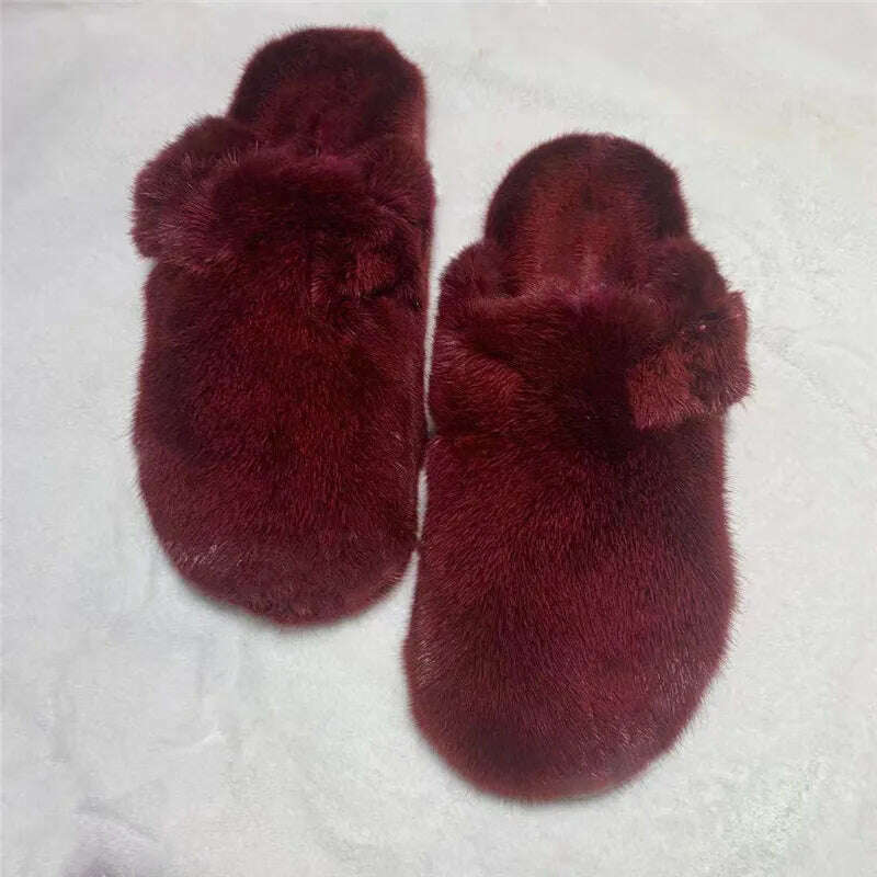 2022 The New Ladies Fur Slippers 100% Mink Fur Slippers Autumn And Winter Furry Flat Slippers Indoor Slippers Muller Slippers - KIMLUD