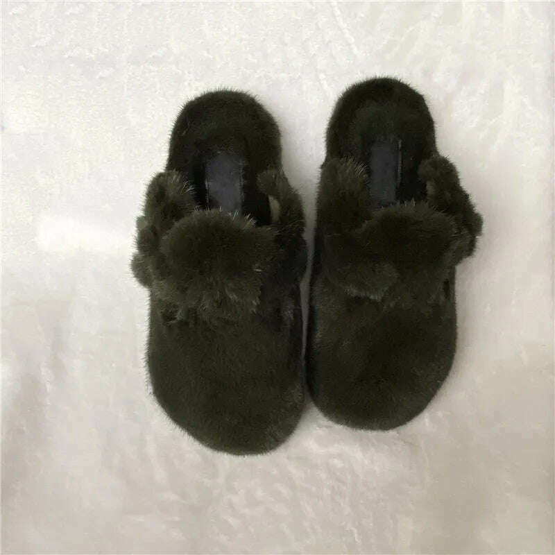 2022 The New Ladies Fur Slippers 100% Mink Fur Slippers Autumn And Winter Furry Flat Slippers Indoor Slippers Muller Slippers - KIMLUD