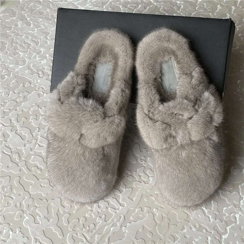 2022 The New Ladies Fur Slippers 100% Mink Fur Slippers Autumn And Winter Furry Flat Slippers Indoor Slippers Muller Slippers - KIMLUD