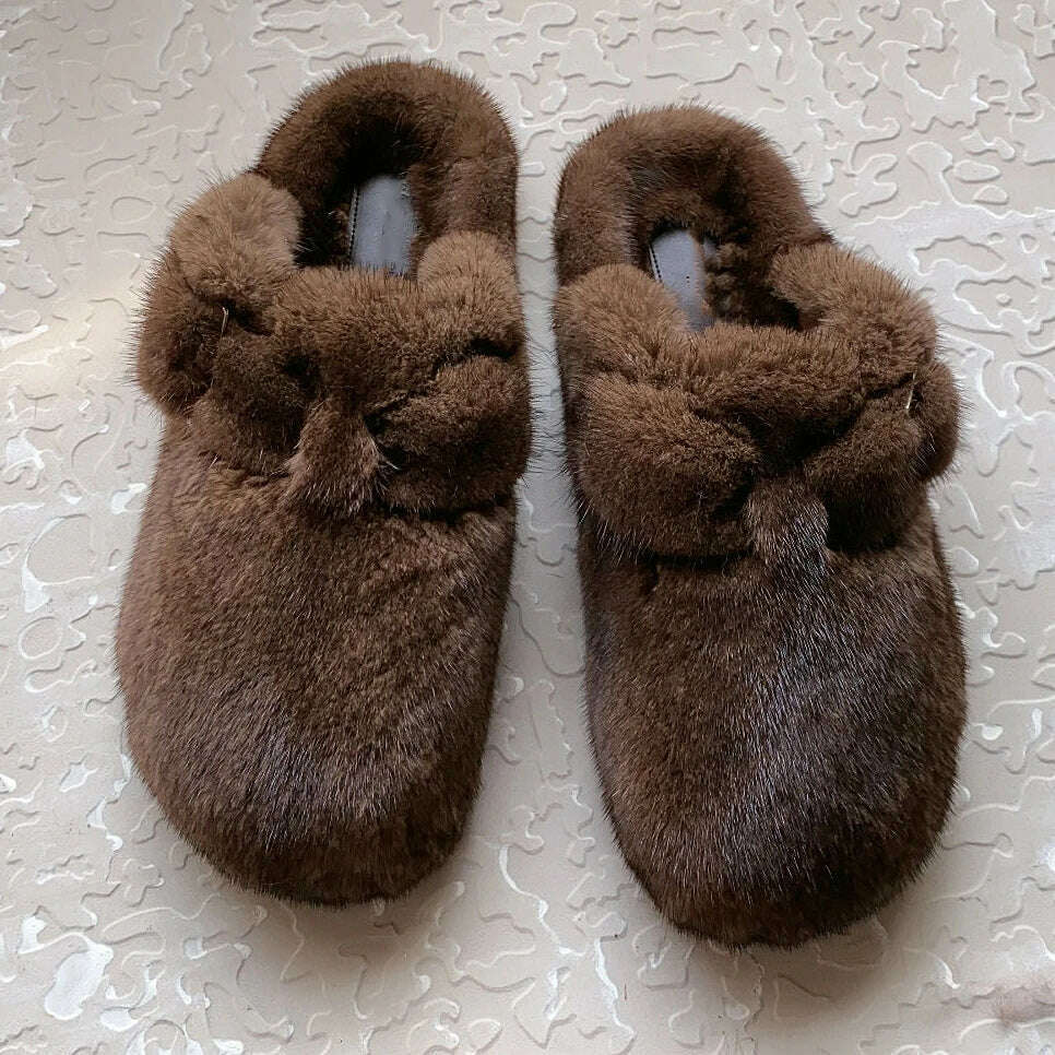 2022 The New Ladies Fur Slippers 100% Mink Fur Slippers Autumn And Winter Furry Flat Slippers Indoor Slippers Muller Slippers - KIMLUD