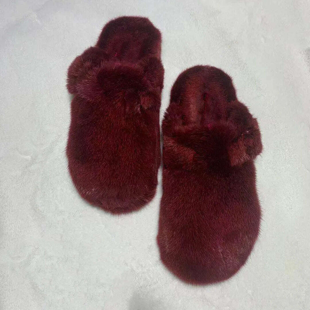 2022 The New Ladies Fur Slippers 100% Mink Fur Slippers Autumn And Winter Furry Flat Slippers Indoor Slippers Muller Slippers - KIMLUD