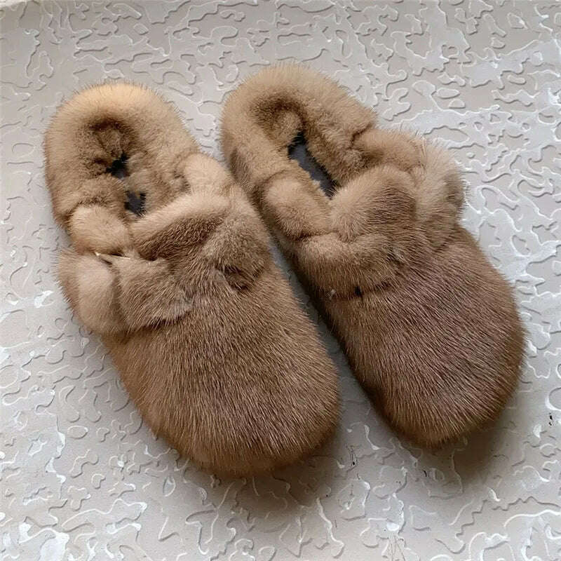 2022 The New Ladies Fur Slippers 100% Mink Fur Slippers Autumn And Winter Furry Flat Slippers Indoor Slippers Muller Slippers - KIMLUD