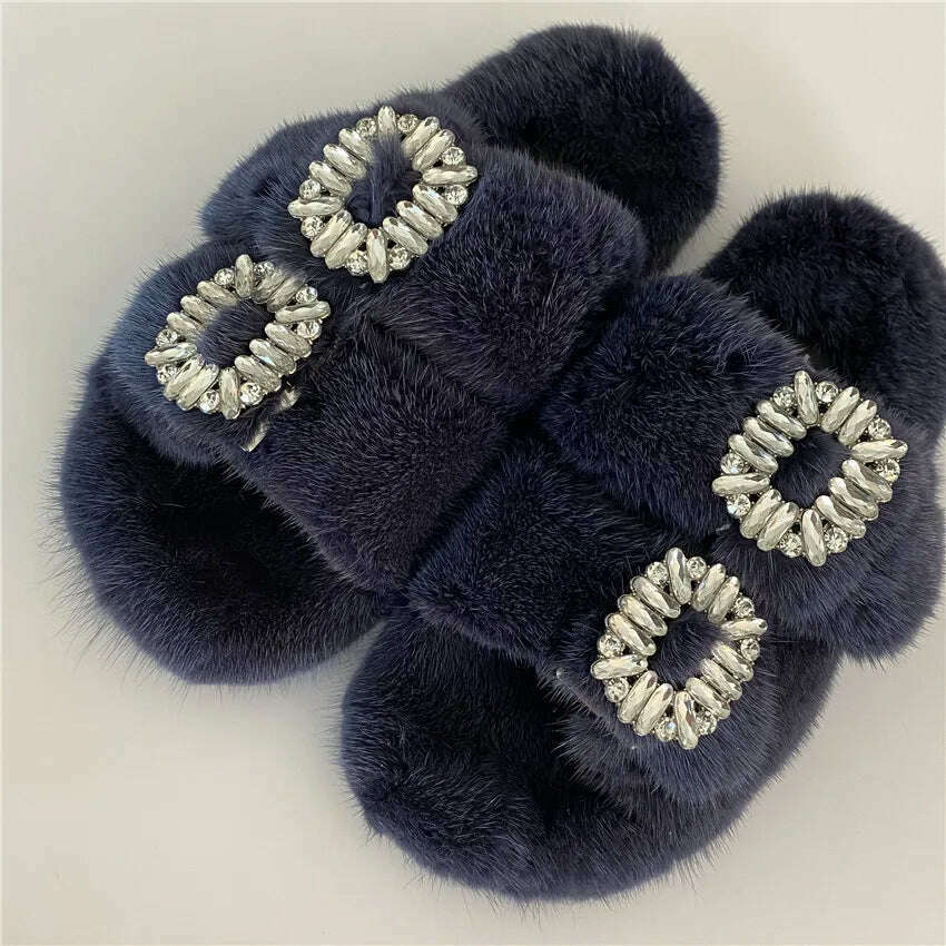 2022 The New Ladies Fur Slippers 100% Mink Fur Slippers Autumn And Winter Furry Flat Slippers Indoor Slippers Muller Slippers - KIMLUD