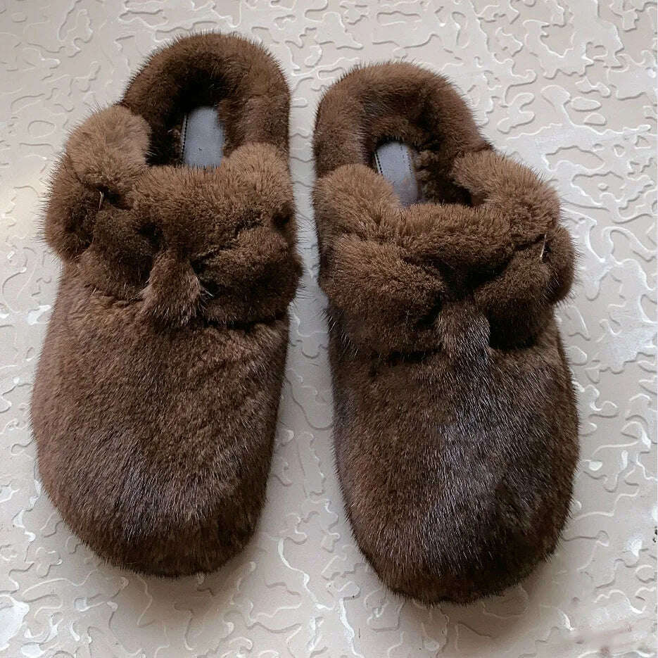 2022 The New Ladies Fur Slippers 100% Mink Fur Slippers Autumn And Winter Furry Flat Slippers Indoor Slippers Muller Slippers - KIMLUD