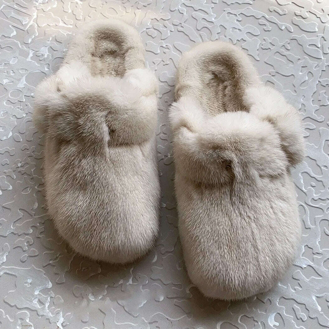 2022 The New Ladies Fur Slippers 100% Mink Fur Slippers Autumn And Winter Furry Flat Slippers Indoor Slippers Muller Slippers - KIMLUD