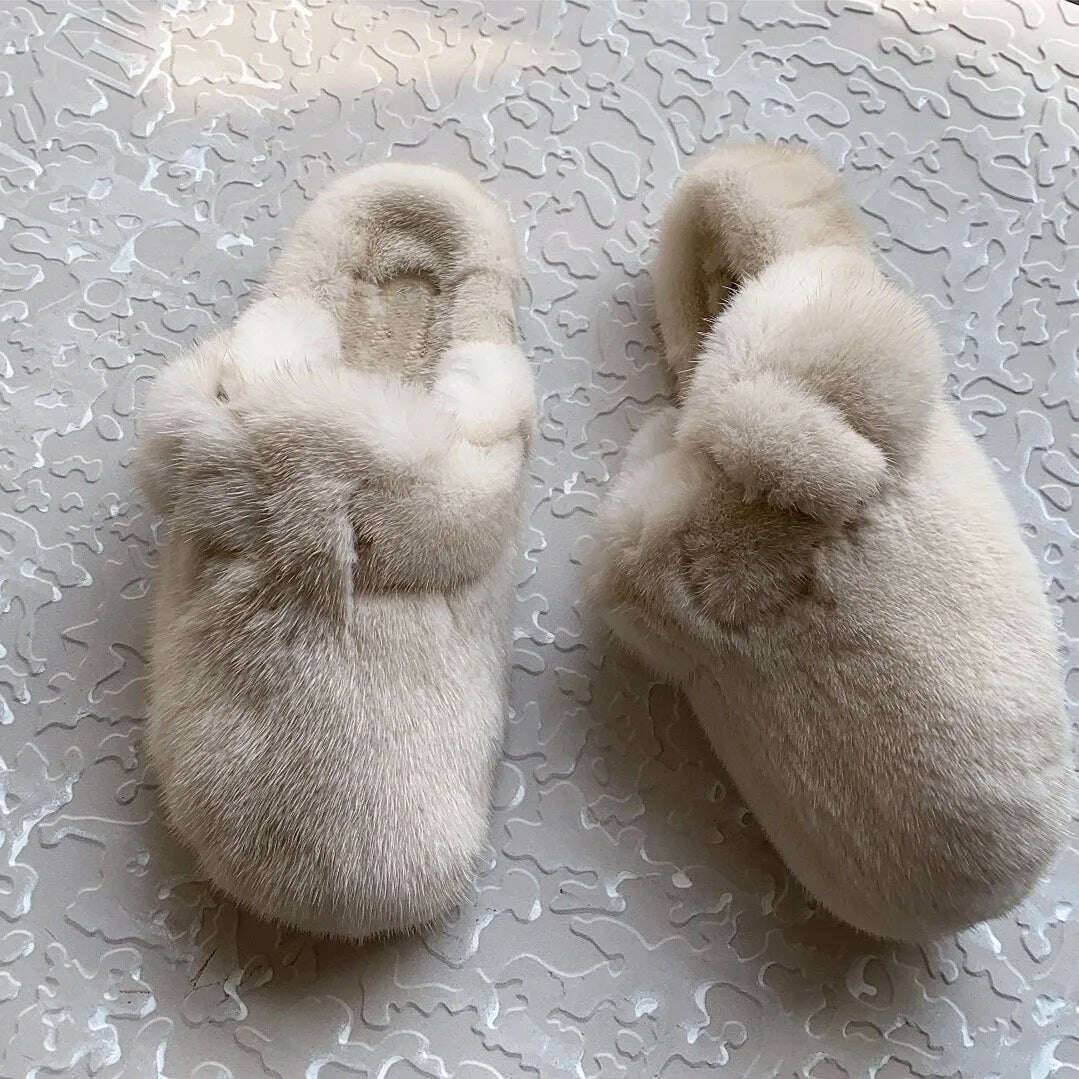 2022 The New Ladies Fur Slippers 100% Mink Fur Slippers Autumn And Winter Furry Flat Slippers Indoor Slippers Muller Slippers - KIMLUD