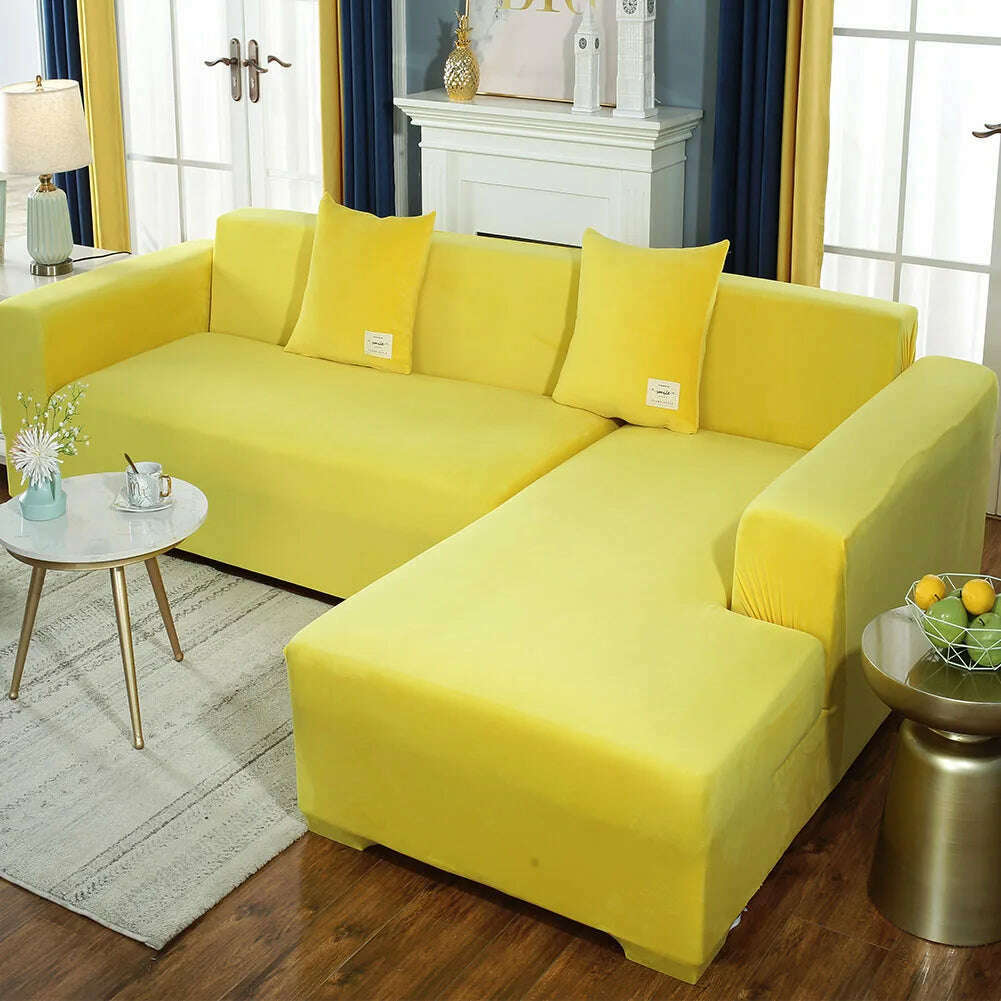 KIMLUD, 2022 Velvet L Shaped Sofa Cover For Living Room Elastic Furniture Couch Slipcover Chaise Longue Corner Sofa Covers Stretchable, Yellow / Two pillowcase, KIMLUD Women's Clothes