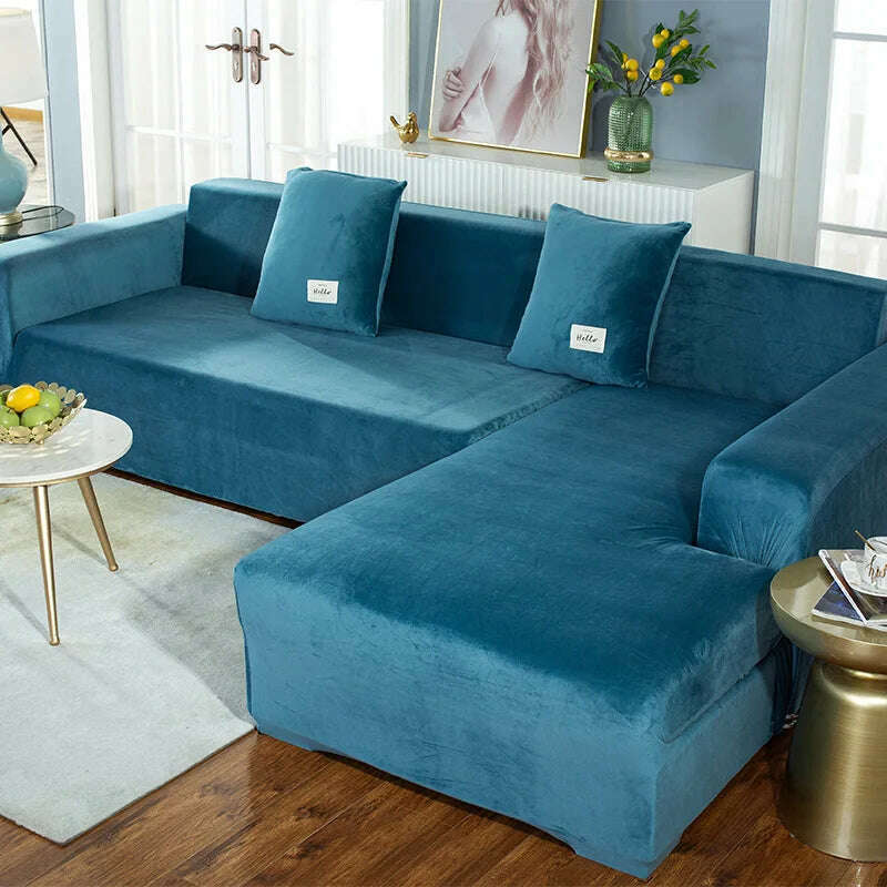 KIMLUD, 2022 Velvet L Shaped Sofa Cover For Living Room Elastic Furniture Couch Slipcover Chaise Longue Corner Sofa Covers Stretchable, Lack Blue / Two pillowcase, KIMLUD Women's Clothes