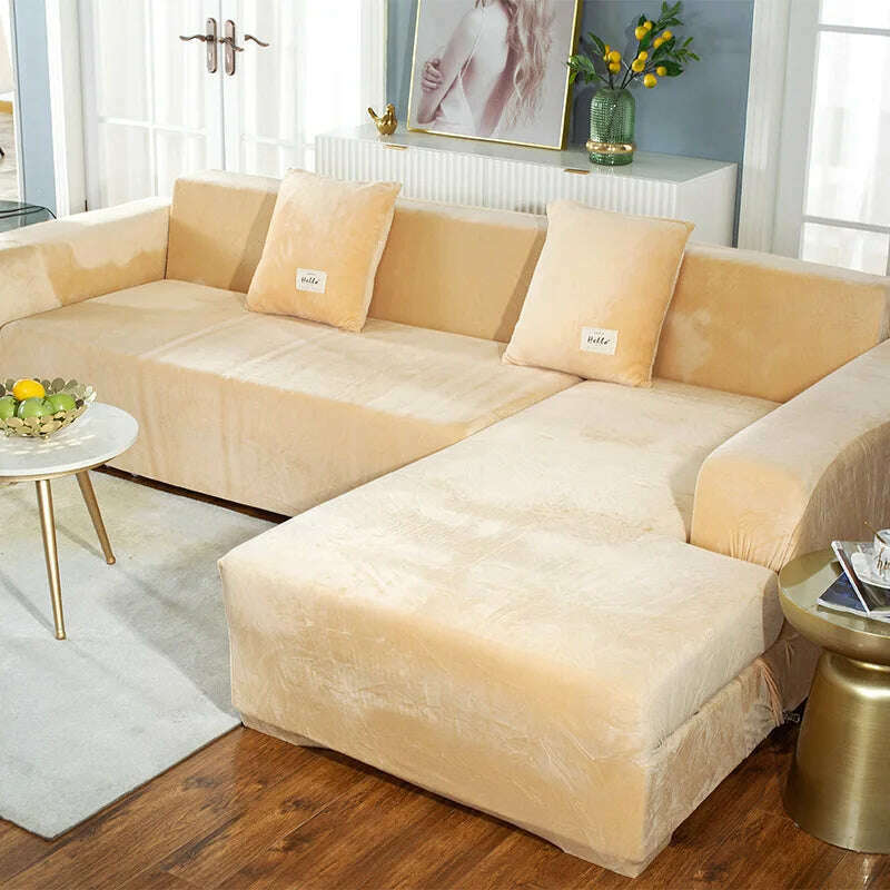 KIMLUD, 2022 Velvet L Shaped Sofa Cover For Living Room Elastic Furniture Couch Slipcover Chaise Longue Corner Sofa Covers Stretchable, Cream / Two pillowcase, KIMLUD Womens Clothes