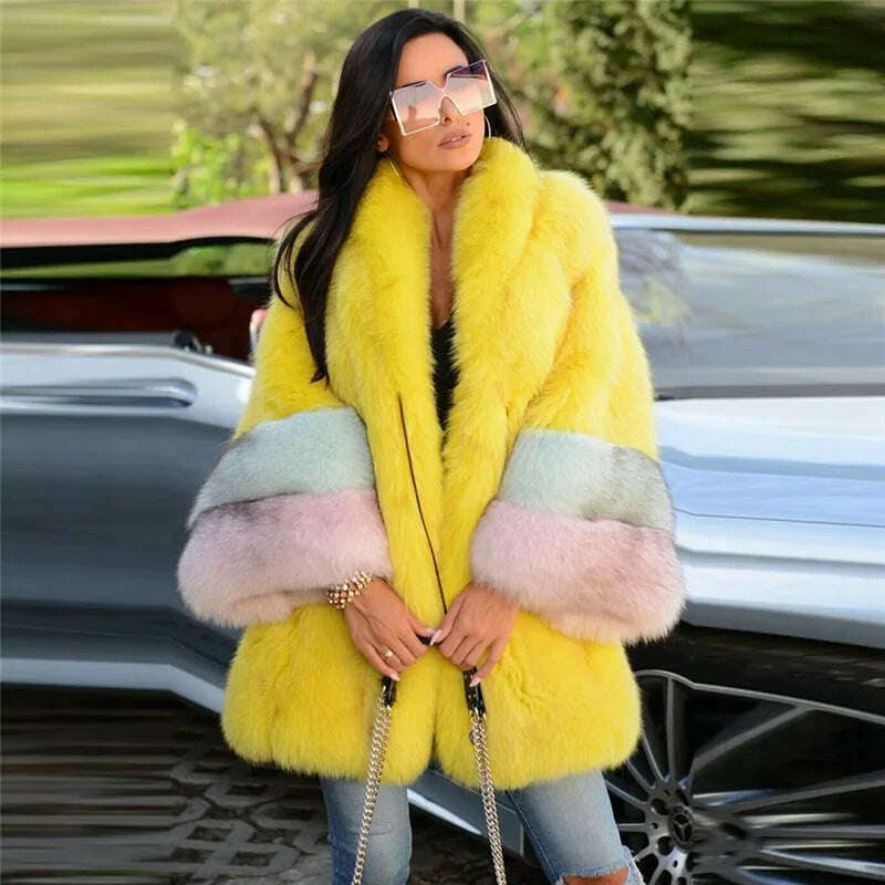 KIMLUD, 2022 Winter Fashion Yellow Fox Fur Coat For Women With Big Collar Full Pelt Genuine Fox Fur Jacket Long Natural Fur Coats Luxury, KIMLUD Women's Clothes