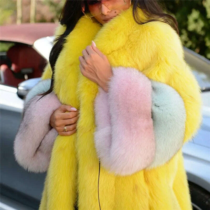 KIMLUD, 2022 Winter Fashion Yellow Fox Fur Coat For Women With Big Collar Full Pelt Genuine Fox Fur Jacket Long Natural Fur Coats Luxury, KIMLUD Women's Clothes