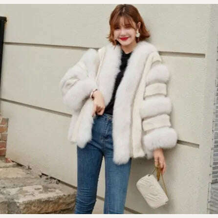 KIMLUD, 2022 Winter Fur Coat Real Natural Fox Mink Fur Plice Striped Jacket Women Thick Warm Outerwear Streetwear Loose Luxury, 2 / L, KIMLUD Women's Clothes