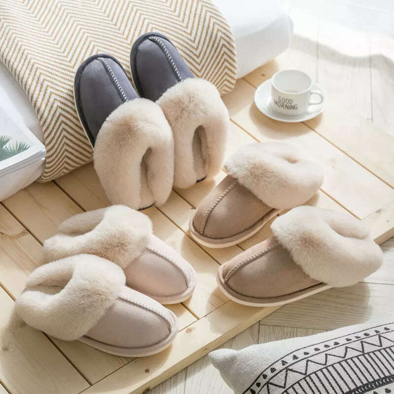 2022 Winter Warm Home Fur Slippers Women Luxury Faux Suede Plush Couple Cotton Shoes Indoor Bedroom Flat Heels Fluffy Slippers - KIMLUD
