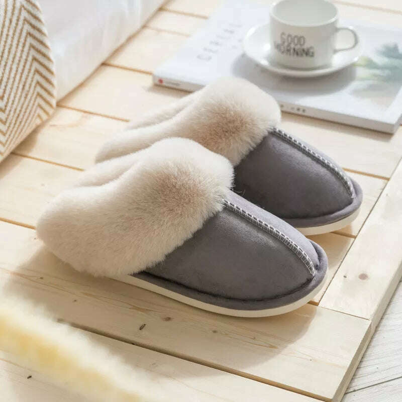 KIMLUD, 2022 Winter Warm Home Fur Slippers Women Luxury Faux Suede Plush Couple Cotton Shoes Indoor Bedroom Flat Heels Fluffy Slippers, Light gray / 36-37(fit 34-35), KIMLUD Women's Clothes