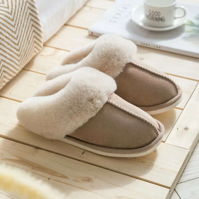 KIMLUD, 2022 Winter Warm Home Fur Slippers Women Luxury Faux Suede Plush Couple Cotton Shoes Indoor Bedroom Flat Heels Fluffy Slippers, Khaki / 36-37(fit 34-35), KIMLUD Women's Clothes