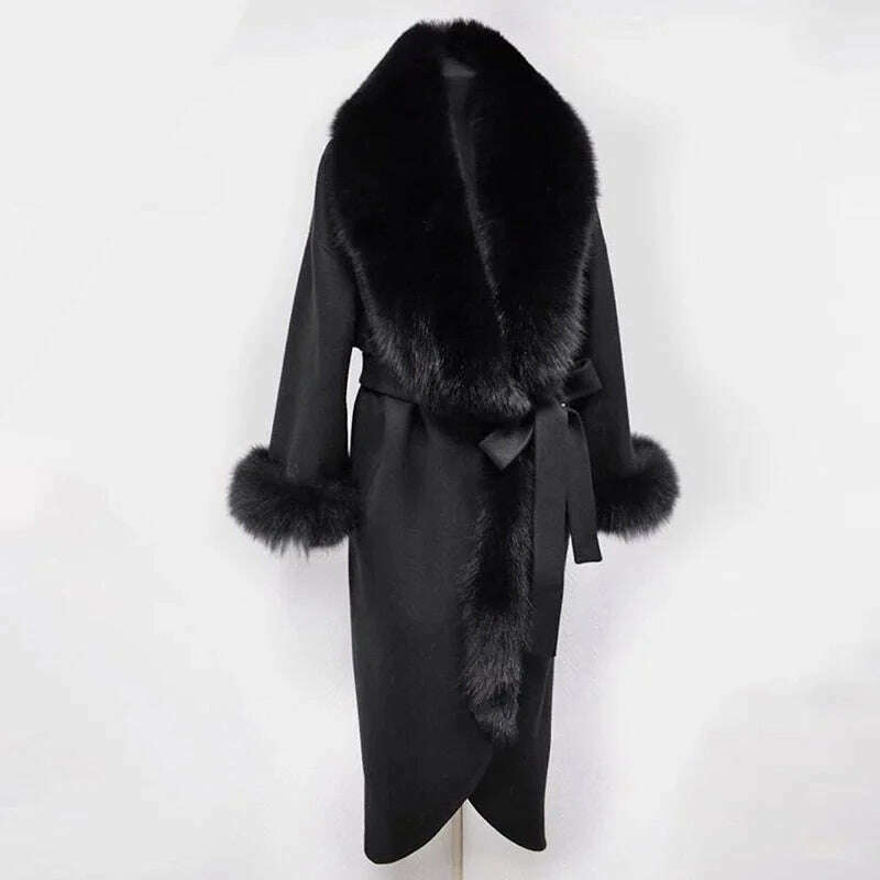 KIMLUD, 2022 Winter Women's Cashmere Woolen Coat With Belt Luxury Silver Fox Fur Collar And Cuffs 100cm Long For Girls Fashion Warm Coat, NZ-083black / S Bust 88cm, KIMLUD Women's Clothes