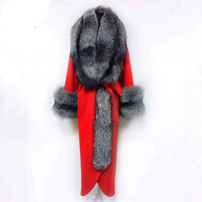 KIMLUD, 2022 Winter Women's Cashmere Woolen Coat With Belt Luxury Silver Fox Fur Collar And Cuffs 100cm Long For Girls Fashion Warm Coat, NZ-083red / S Bust 88cm, KIMLUD Women's Clothes