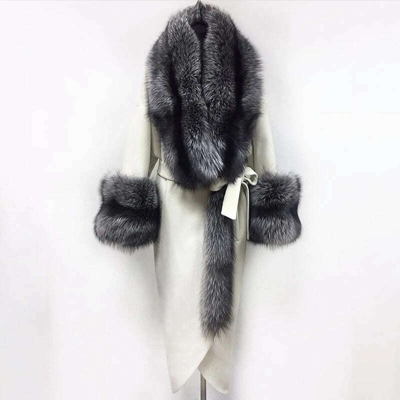 KIMLUD, 2022 Winter Women's Cashmere Woolen Coat With Belt Luxury Silver Fox Fur Collar And Cuffs 100cm Long For Girls Fashion Warm Coat, NZ-083white / S Bust 88cm, KIMLUD Women's Clothes
