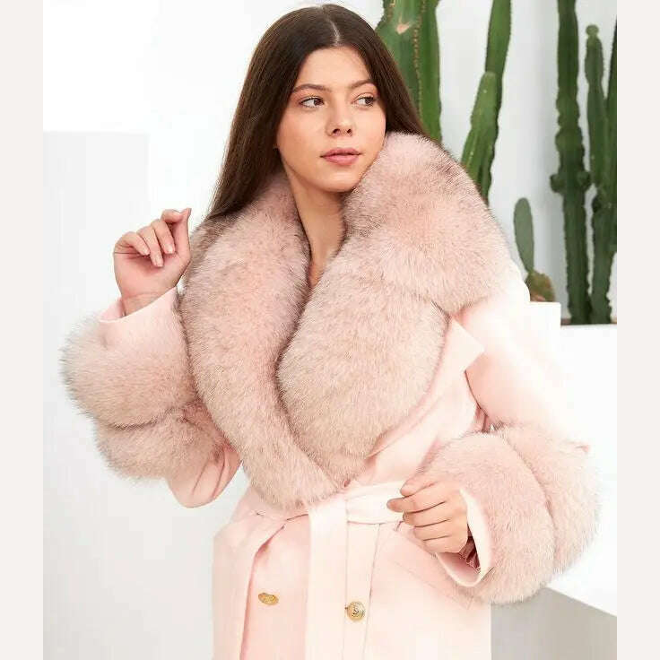 KIMLUD, 2022 Winter Women's Cashmere Woolen Coat With Belt Luxury Silver Fox Fur Collar And Cuffs 100cm Long For Girls Fashion Warm Coat, KIMLUD Women's Clothes