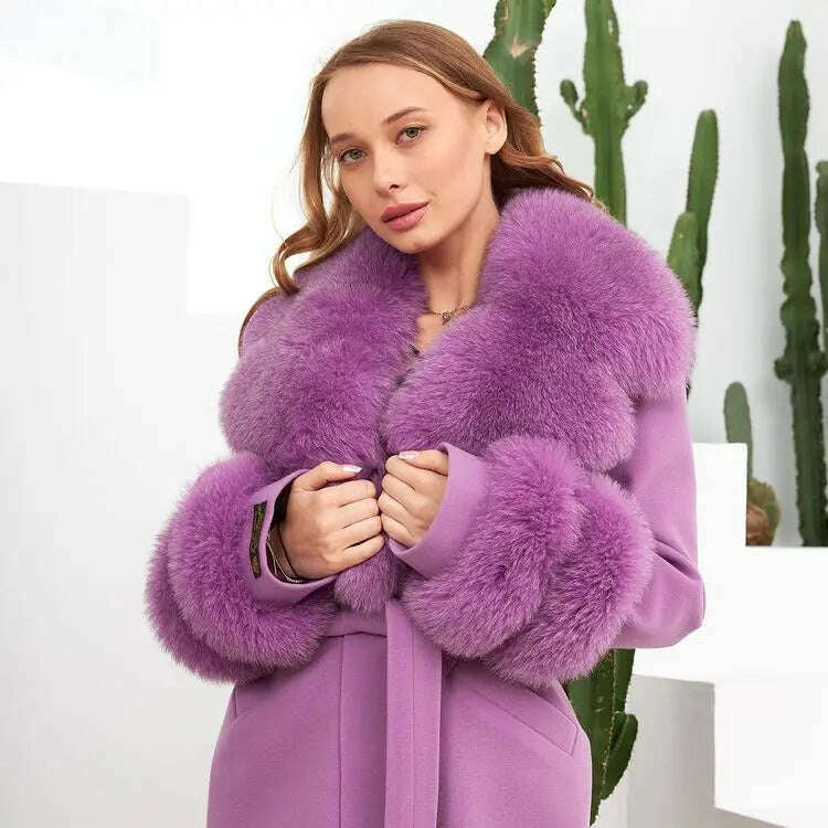 KIMLUD, 2022 Winter Women's Cashmere Woolen Coat With Belt Luxury Silver Fox Fur Collar And Cuffs 100cm Long For Girls Fashion Warm Coat, blue fox fur purple / S Bust 88cm, KIMLUD Womens Clothes