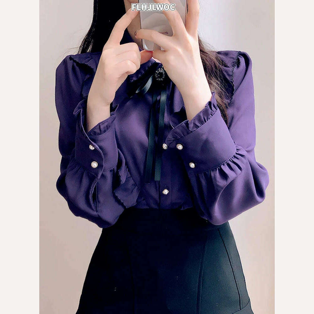 KIMLUD, 2022 Woman Cute Sweet Girls Thin Semi Transparent Ribbon Bow Tie Retro Vintalge Top Blusas Purple Green White Button Shirts, KIMLUD Womens Clothes