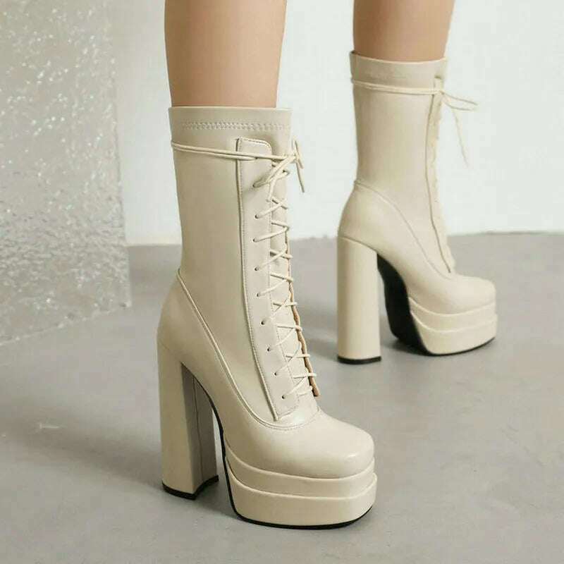 2022 Women Ankle Boots PU Leather Platform Thick High Heel Ladies Short Boots Cross Tied Square Toe Dress Female Boots Big Size - KIMLUD