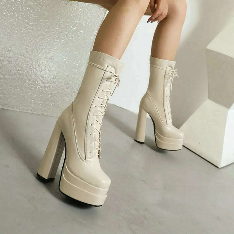 KIMLUD, 2022 Women Ankle Boots PU Leather Platform Thick High Heel Ladies Short Boots Cross Tied Square Toe Dress Female Boots Big Size, Beige / 5, KIMLUD Womens Clothes