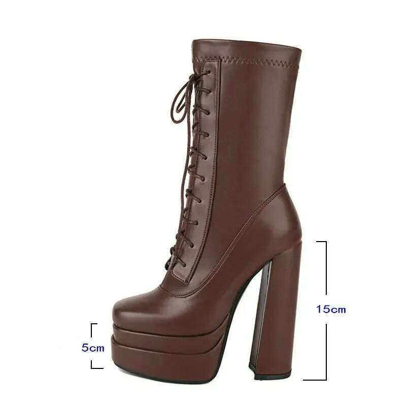 KIMLUD, 2022 Women Ankle Boots PU Leather Platform Thick High Heel Ladies Short Boots Cross Tied Square Toe Dress Female Boots Big Size, KIMLUD Womens Clothes