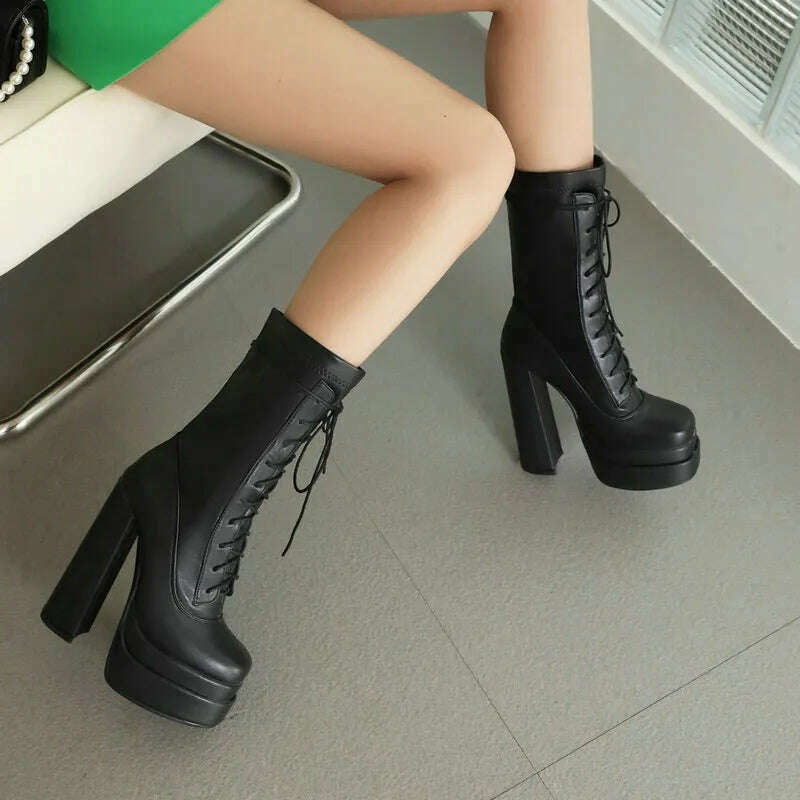 KIMLUD, 2022 Women Ankle Boots PU Leather Platform Thick High Heel Ladies Short Boots Cross Tied Square Toe Dress Female Boots Big Size, KIMLUD Women's Clothes