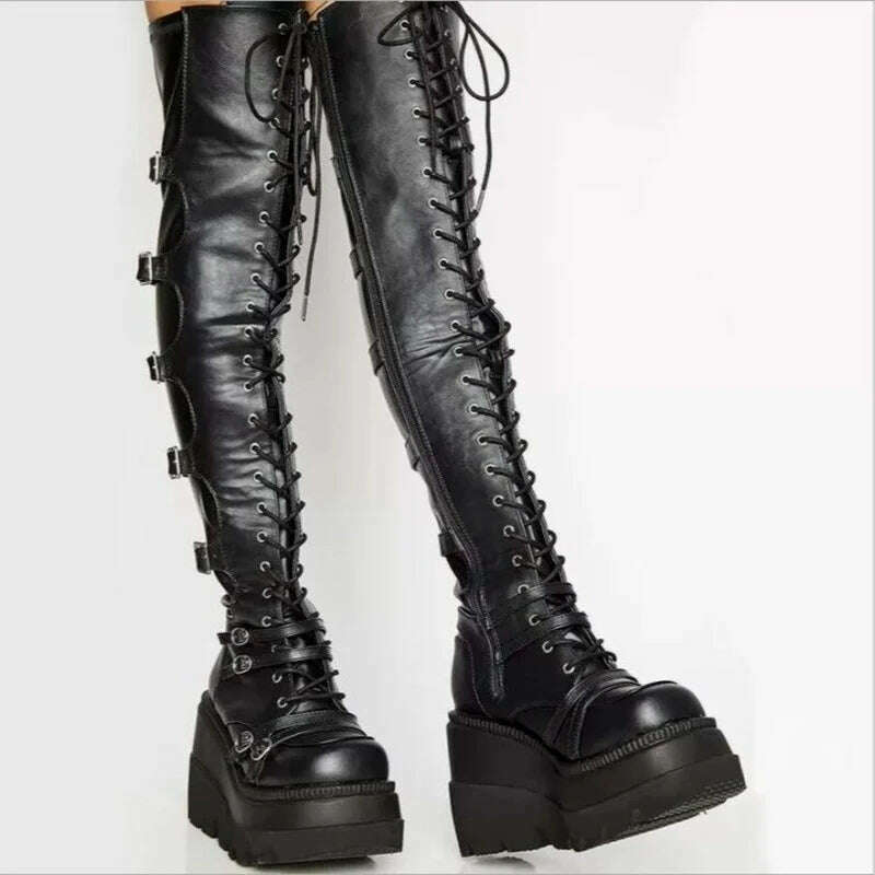 KIMLUD, 2022 Women Boots Design Female Platform Thigh High Boots Fashion Buckle Punk High Heels Boots Women Cosplay Wedges Shoes Woman, KIMLUD Women's Clothes