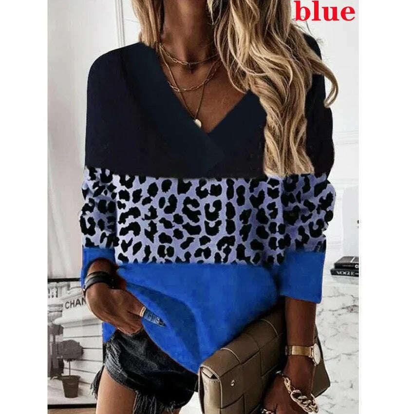 KIMLUD, 2022 Women Fashion Plus Size Loose Casual Blouses Long Sleeve Leopard Print Floral Print V Neck Spring And Autumn Tops, Blue / S, KIMLUD Women's Clothes