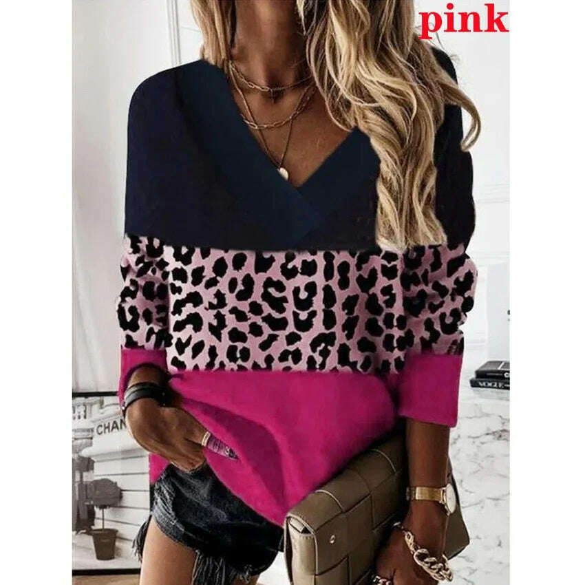 2022 Women Fashion Plus Size Loose Casual Blouses Long Sleeve Leopard Print Floral Print V Neck Spring And Autumn Tops, Pink / S, KIMLUD Women's Clothes