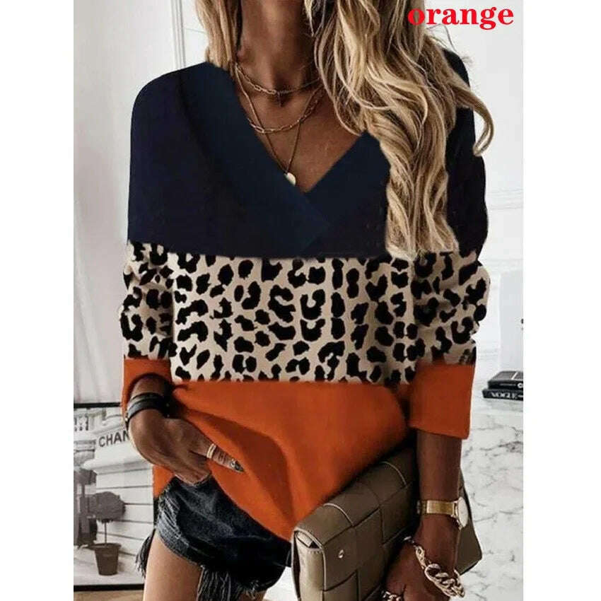 2022 Women Fashion Plus Size Loose Casual Blouses Long Sleeve Leopard Print Floral Print V Neck Spring And Autumn Tops, Orange / S, KIMLUD Women's Clothes