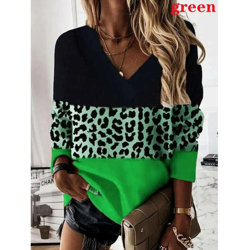 KIMLUD, 2022 Women Fashion Plus Size Loose Casual Blouses Long Sleeve Leopard Print Floral Print V Neck Spring And Autumn Tops, Green / S, KIMLUD Women's Clothes