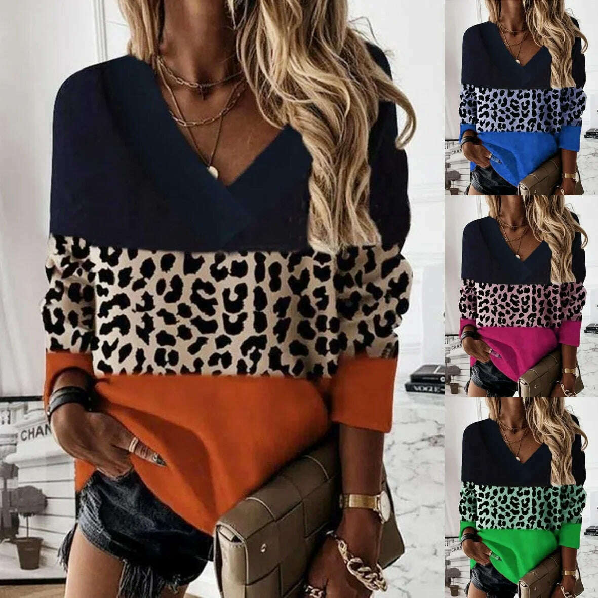 2022 Women Fashion Plus Size Loose Casual Blouses Long Sleeve Leopard Print Floral Print V Neck Spring And Autumn Tops, KIMLUD Women's Clothes
