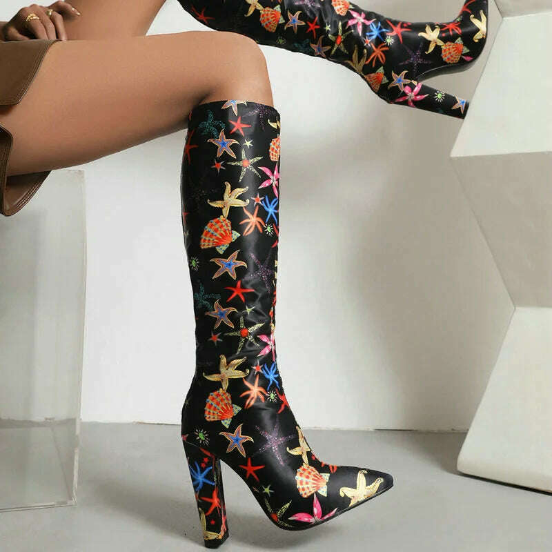 KIMLUD, 2022 Women Knee High Boots Fashion Pointed Toe Square High Heel Ladies Women Calf Boots Microfiber Back Zipper Dress Women Boots, KIMLUD Womens Clothes