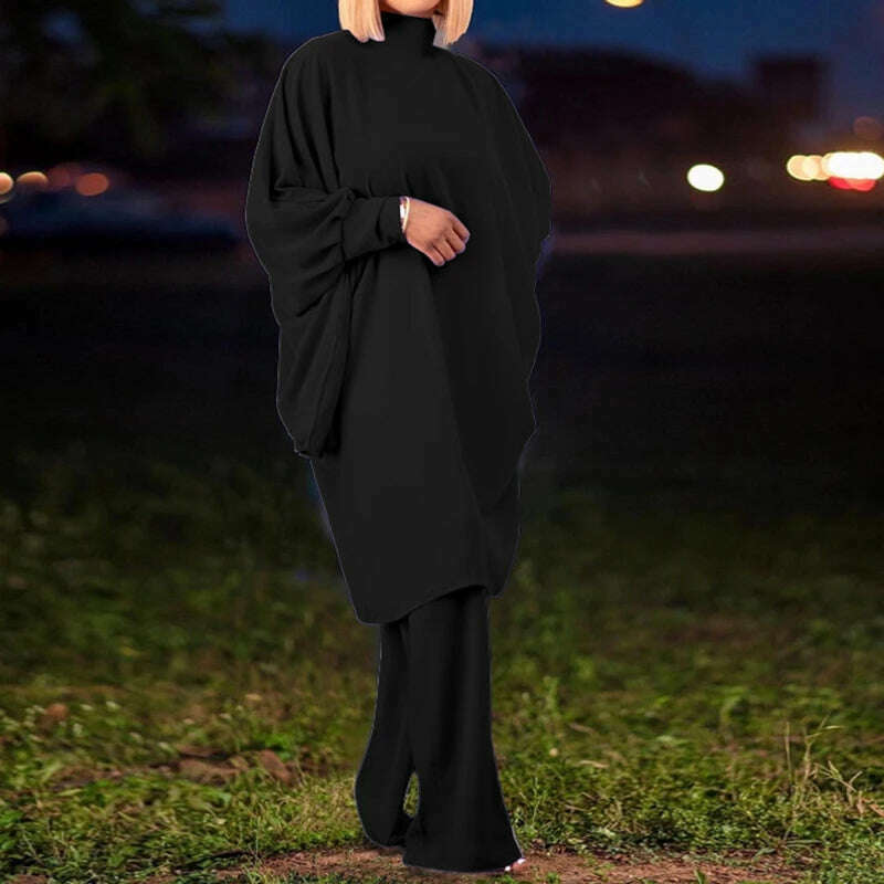 KIMLUD, 2022 Women Loose Fit 2PCS Muslim Style Loungewear Matching Set Solid Batwing Sleeve Long Cardigan Top Flare Pants Ladies Outfit, 05 Black / S, KIMLUD Women's Clothes